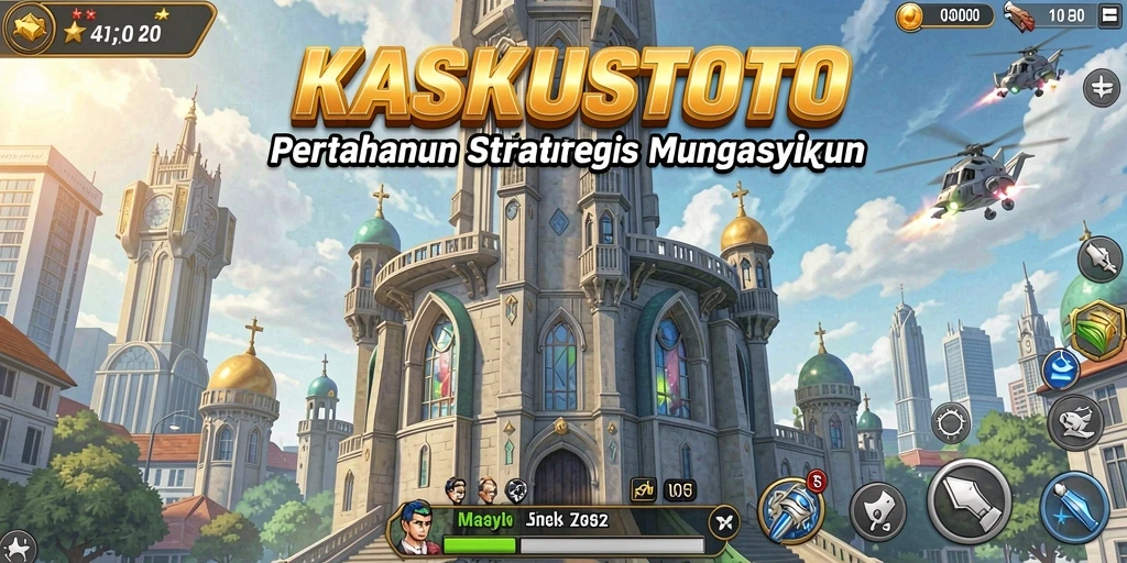 Tampilan gameplay KASKUSTOTO dengan menara pertahanan yang menakjubkan.