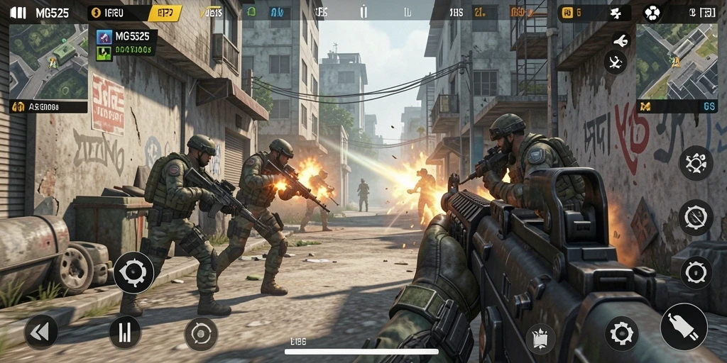 Tampilan dinamis gameplay MG525 yang penuh aksi FPS.