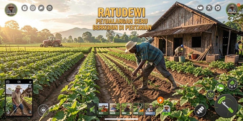 Screenshot gameplay menunjukkan kebun yang indah dan aktivitas bertani.