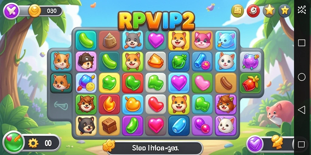 Screenshot gameplay RPVIP2 menunjukkan kombinasi permata yang menarik dalam Match-3.