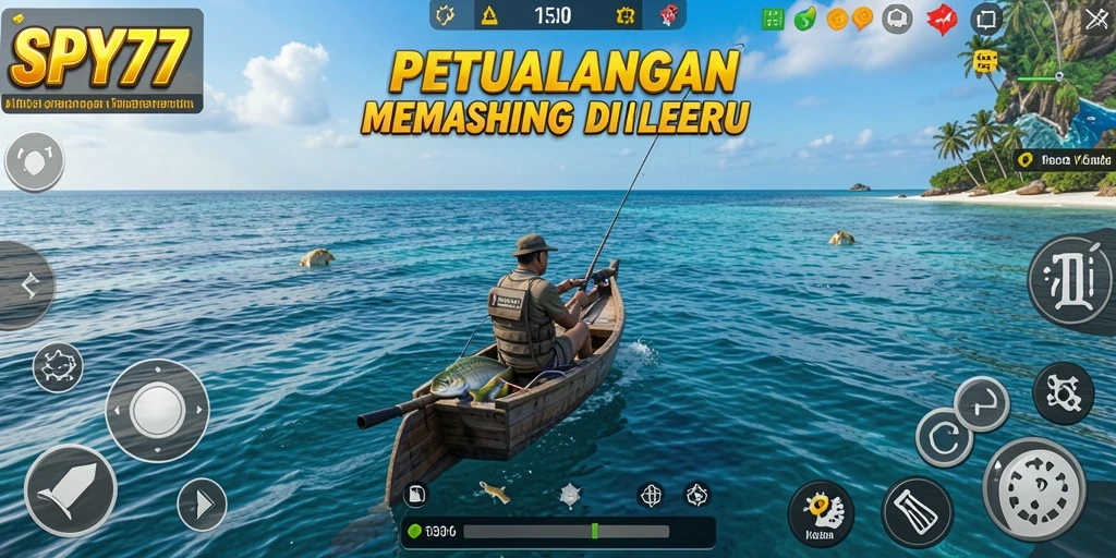 Screenshot utama SPY77 menampilkan pemain sedang memancing di danau indah.