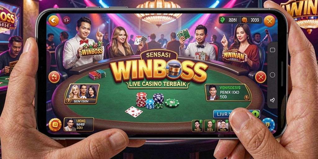 Screenshot gameplay WINBOSS yang menampilkan dealer dan interaksi pemain dalam Live Casino.