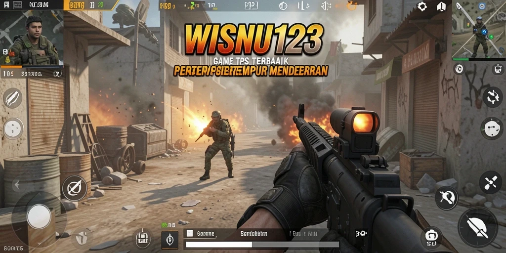 Screenshot utama WISNU123 menampilkan aksi pertempuran seru dalam mode TPS.